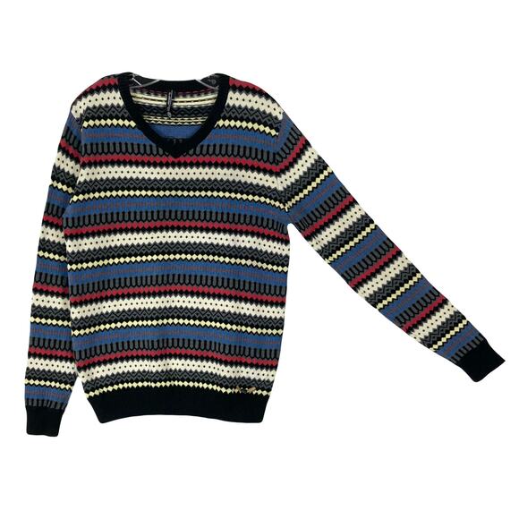 QUEST Sweater Men S Multicolor Aztec Print V-Neck Long-Sleeve Cotton